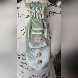 Necktie Necklace/Pearl Cluster Brooch Accents  in Pale Mint Polka Dot